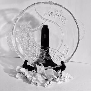 VTG Indiana Glass Platter Etched Christmas Poinsettia Holly Berry 4 Section